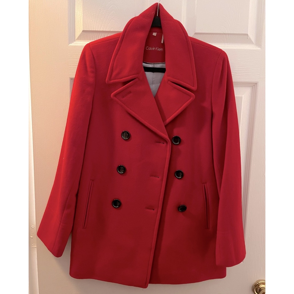 ❣️Calvin Klein Red Classic Winter Fall Autumn 100% Wool Pea Coat Size 10 Large❣️ - Picture 1 of 13